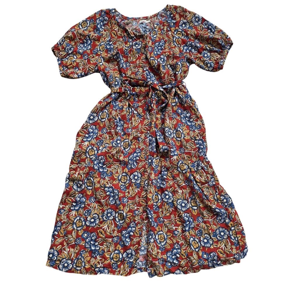 Faherty Rust Floral Midi Dress with Blue and Yellow Flowers